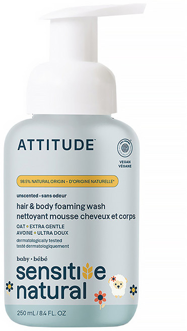 ATTITUDE 艾特優 寶寶敏感肌膚2合1泡沫洗髮沐浴精 無香精, 250ml, 1瓶