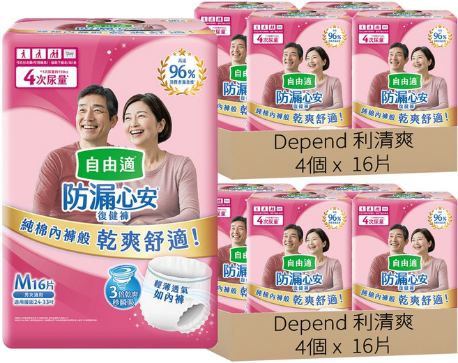 Depend 利清爽 自由適防漏心安復健褲/成人褲型紙尿褲 56201, M, 8個, 16片
