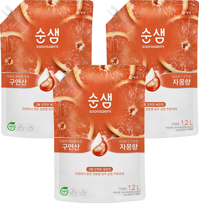 AEKYUNG 愛敬 順泉檸檬酸葡萄柚香洗碗精, 葡萄柚/柳橙, 1.2L, 3個