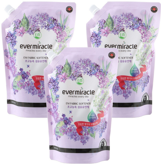 ever miracle EM 超高濃縮衣物柔軟精 丁香花盛開香氛 補充包, 800ml, 3個