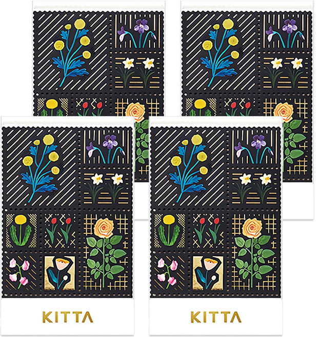 KING JIM HITOTOKI KITTA 隨身攜帶和紙膠帶 燙金郵票貼紙 KITPP004 71 x 54mm, 花 東出桂奈設計款, 4張
