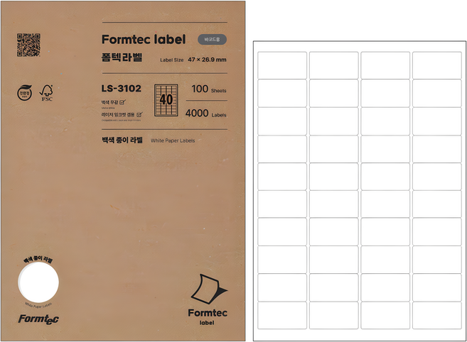 Formtec 條碼標籤紙 LS-3102, A4 100 張 標籤隔層數, 40格