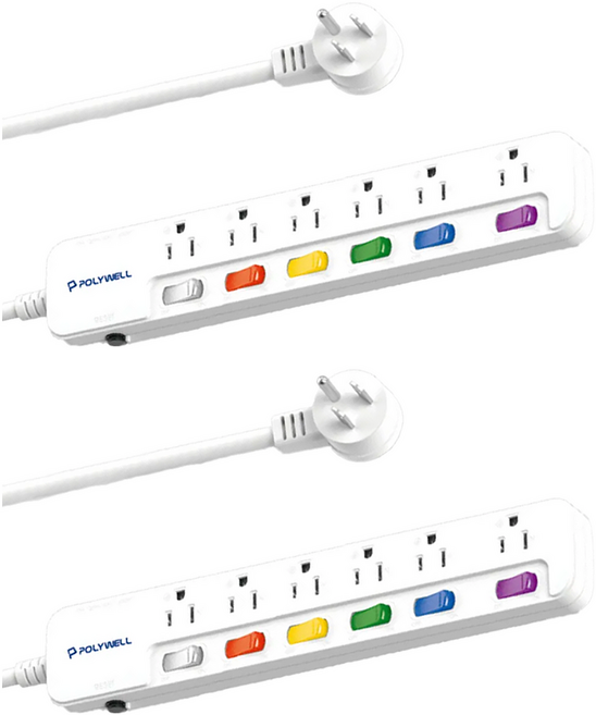 POLYWELL 寶利威爾 6切6座一體式電源延長線 9尺, 270cm, 白色, 2條