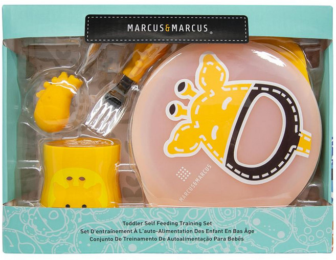 MARCUS&MARCUS 動物樂園用餐訓練學習禮盒組, 長頸鹿 黃色, 吸盤碗 + 叉匙組, 1組