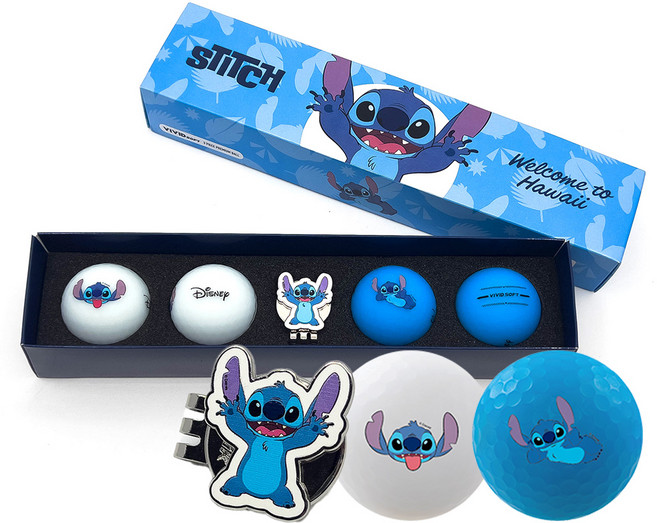 Volvik Disney史迪奇2.0聯名Vivid Soft系列3層高爾夫球 4顆 + 高爾夫球標組, 1組, 白色 + 藍色