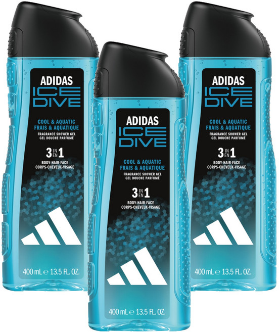 adidas 愛迪達 男性三合一潔顏洗髮沐浴露 超越沁涼, 400ml, 3瓶