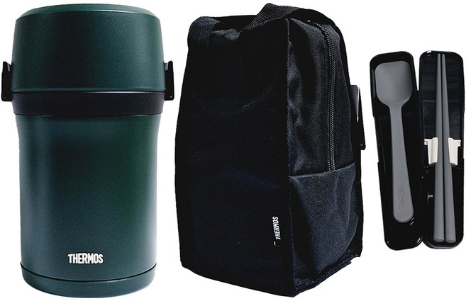 THERMOS 膳魔師 一體式大容量保溫便當盒含專用提袋餐具組, 墨綠色, 1500毫升, 1組