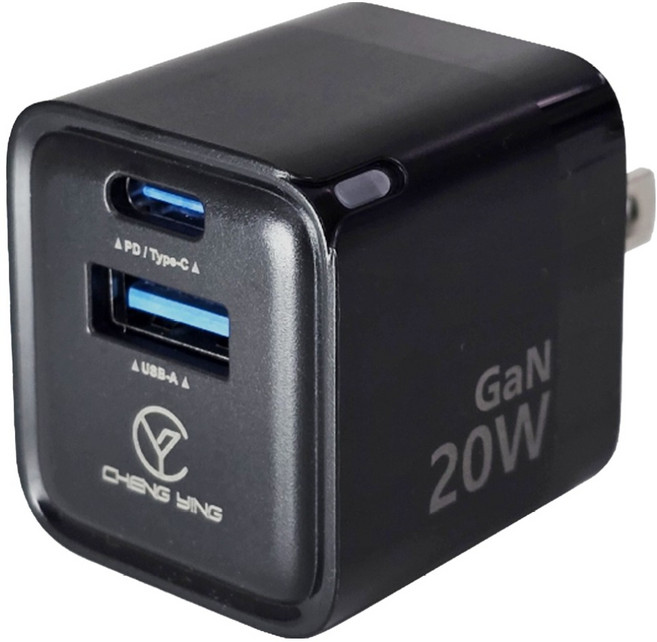 CHENG YING 20W 2 Port 充電器 Fast Charging GaN USB-A + USB-C 黑色 AC-DK72T 1年保固