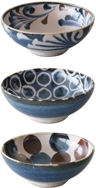 AWASAKA 粟坂 寬口丼碗3入組 21.5 x 8cm 2150g, 青釉繪, 1組