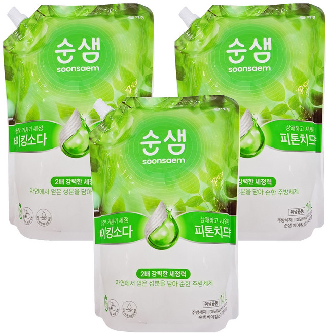 Soonsaem 小蘇打蔬果碗盤清潔液 補充包 芬多精香, 1.6L, 3包