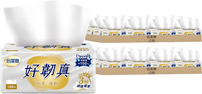 倍潔雅 好韌真 抽取式衛生紙 3層, 12包, 2袋