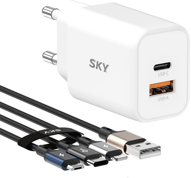 SKY Feel Q2R GaN 45W PPS PD 雙埠 A C型 超高速充電轉接頭 + 27W A to C 3合1 1.2m 充電線, 白色, 1套