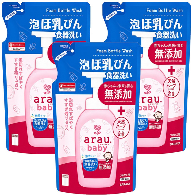 SARAYA arau. 愛樂寶 無添加奶瓶奶嘴清潔泡泡 補充包, 3包, 450ml
