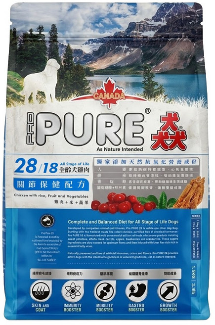 PRO PURE 猋 全齡犬 關節保健配方 乾飼料, 雞肉 + 米 + 蔬果, 1.5kg, 1袋
