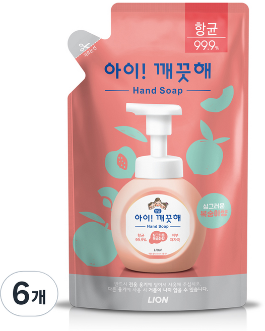 LION 獅王 趣淨 保濕洗手慕斯補充包 蜜桃香, 200ml, 6包