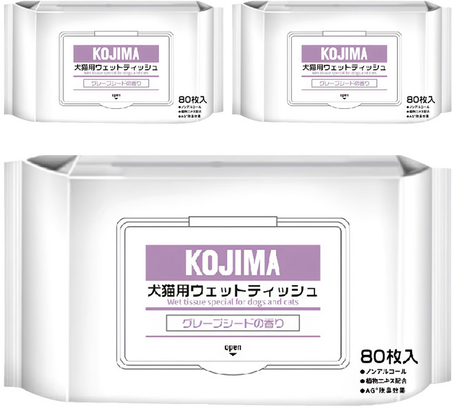 KOjIMA 犬貓用 果物清香 寵物濕巾 80張, 3包, 1入