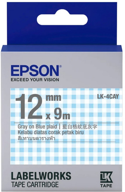 EPSON 標籤帶 LK-4CAY 12mm, 藍白格紋底灰字, 9m