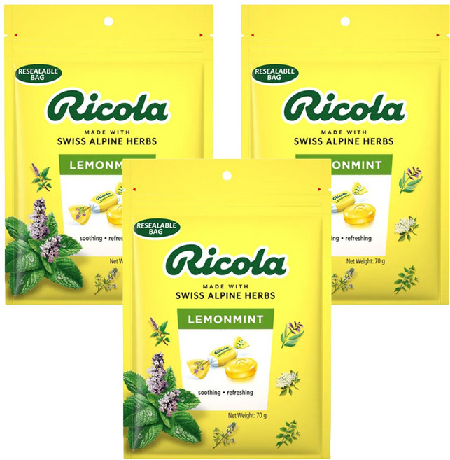 Ricola 利口樂 瑞士草本喉糖 檸檬風味, 70g, 3袋