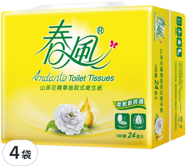 春風 山茶花精華 抽取式衛生紙 雙層 100張, 24包, 4袋