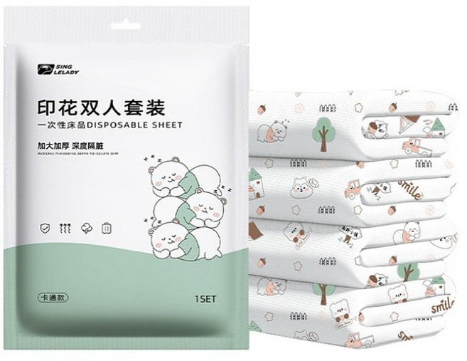 SINGLELADY 尚官 旅行一次性 雙人 加大 加厚 床包4件組 熊熊森林 枕套 2個 + 床單 + 被套