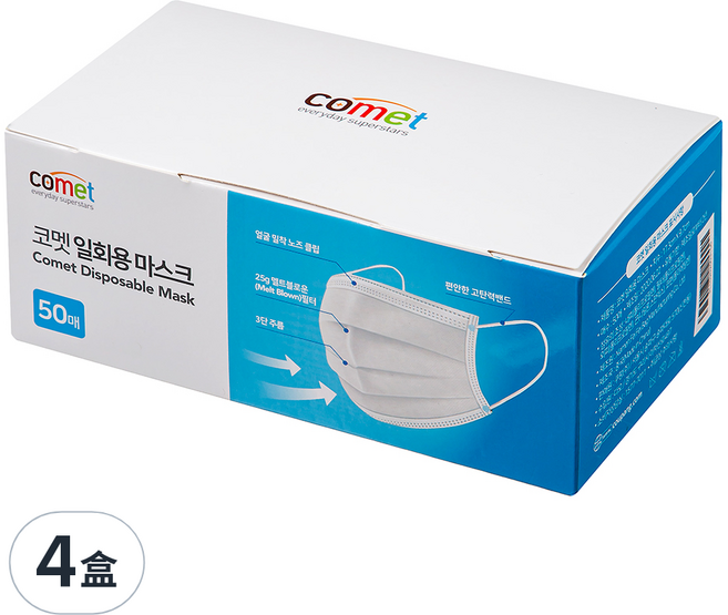 comet 平面口罩 成人用, 白色, 50片, 4盒