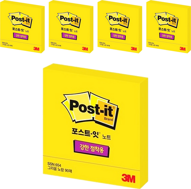 3M Post-it 方形超黏強力便利貼 M號, 5個, 黃色, 90張
