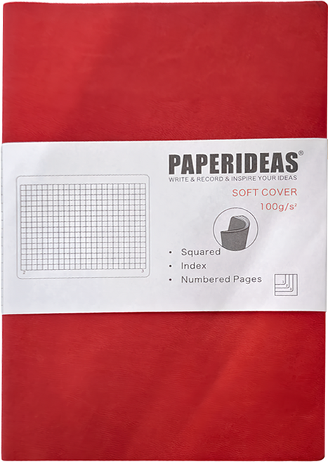 PAPERIDEAS A5軟皮方格筆記本 188頁 100g 有索引 有頁碼, 紅色, 1本