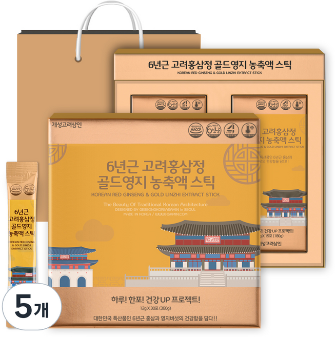 KOREAN RED GINSENG FARMER 6年根高麗紅參&金牌靈芝濃縮液隨身包 30條入+購物袋組, 360g, 5組
