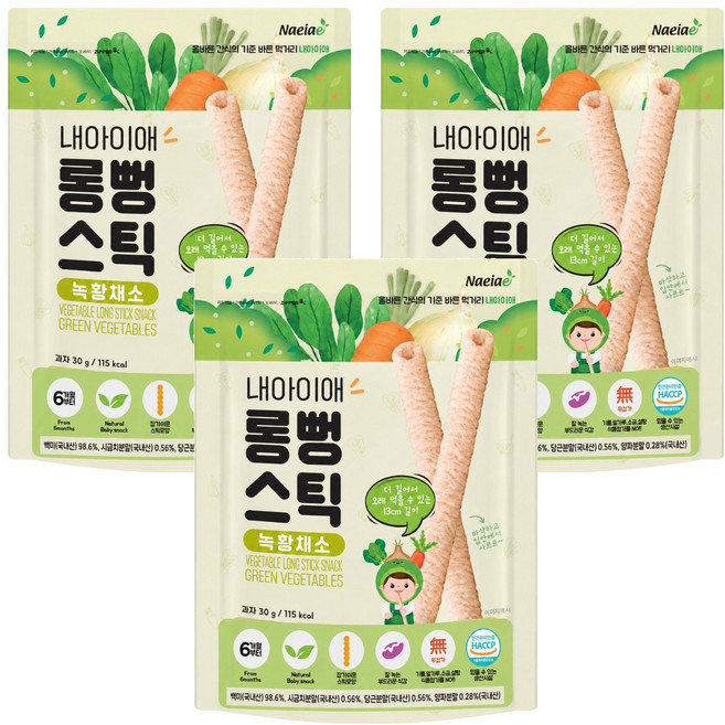 Naeiae 嬰幼兒米棒 韓國米餅 6個月以上, 綜合蔬菜, 30g, 3包