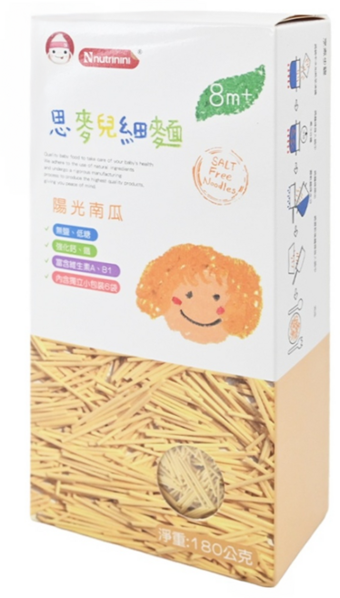 Nnutrinini 脆妮妮 思麥兒細麵 陽光南瓜 8個月以上寶寶適用 添加鈣鐵維生素 無鹽細麵條, 180g, 1盒