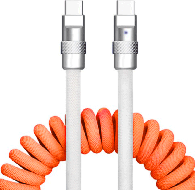 Sopling 捲線彈簧 Type-C to Type-C 120W PD 超高速充電線, 橘白色, 1個, 1.8m