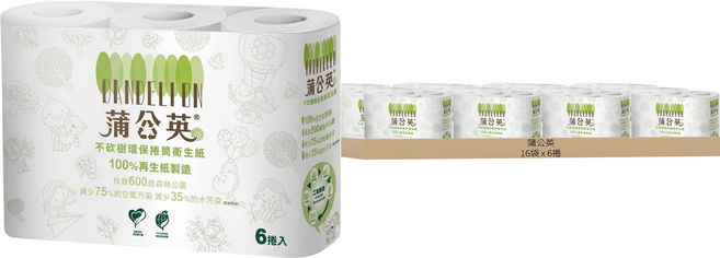 蒲公英 環保捲筒衛生紙 270張, 6捲, 16袋