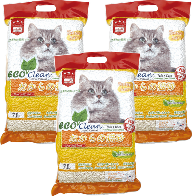 ECO Clean 豆腐貓砂, 3袋, 7L, 玉米