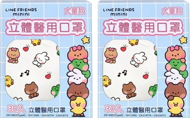 ataraxis 興安 大童款 立體醫用口罩未滅菌, LINE FRIENDS minini 白色 + 綠色 + 棕色, 30片, 2盒