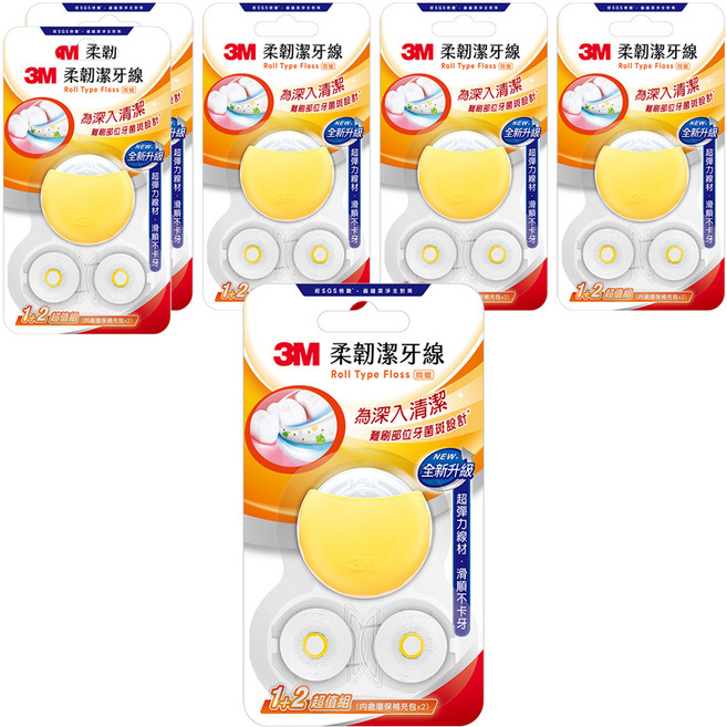 3M RTF3 柔韌潔牙線 馬卡龍造型 + 補充裝 2個 甜梨黃, 6套, 3個裝, 30m