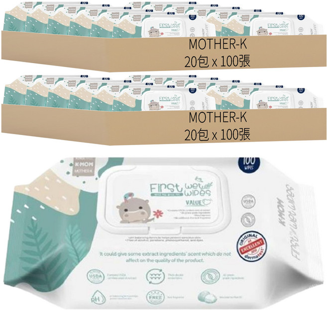 MOTHER-K 自然純淨嬰幼兒濕紙巾 掀蓋柔花款 100張, 40包