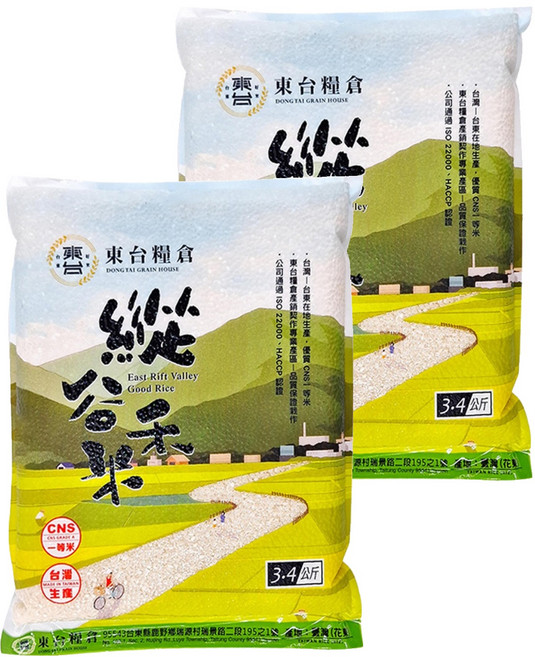東台糧倉 縱谷禾米 梗白米, 3.4kg, 2包, 一等