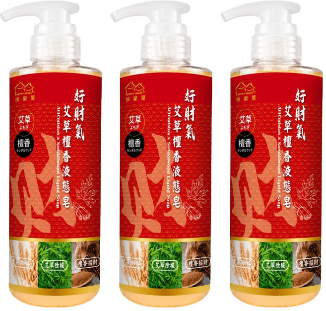 HAPPY HOUSE 快樂屋 好財氣 艾草檀香液態皂, 3個, 500ml