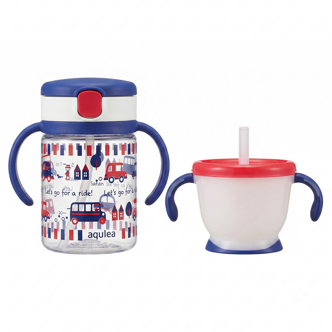 Richell 利其爾 AQ Mug系列 藍色系吸管學習杯150ml + 戶外水杯200ml, 350ml, 1組, 混和顏色