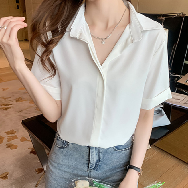 Yangnol 女款夏季雪紡V領短袖襯衫