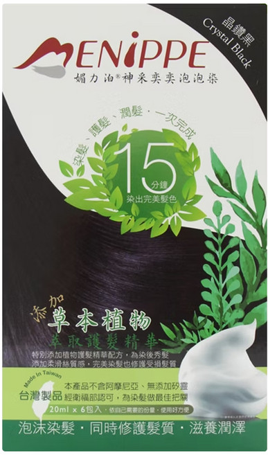 MENiPPE 媚力泊 草本植物萃取精華神采奕奕泡泡染髮劑 6包, 黑色, 1盒