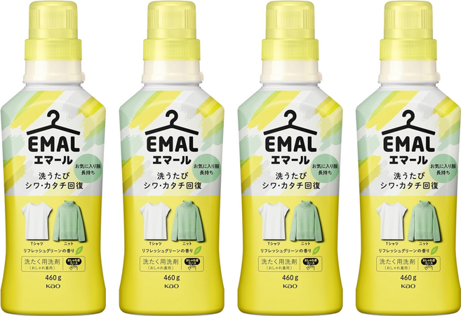 Kao 花王 EMAL 精致洗 精緻衣物專用香氛洗衣精 植物清香 黃色, 460g, 4瓶