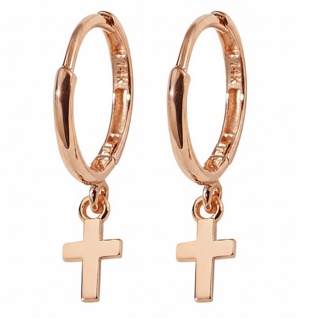 SEMI JEWELRY 女款 14K 金 迷你日常單扣十字架耳環