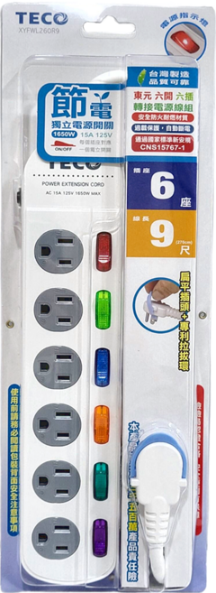 TECO 東元 六開六插轉接電源線組, 白色, 1個, 2.7m