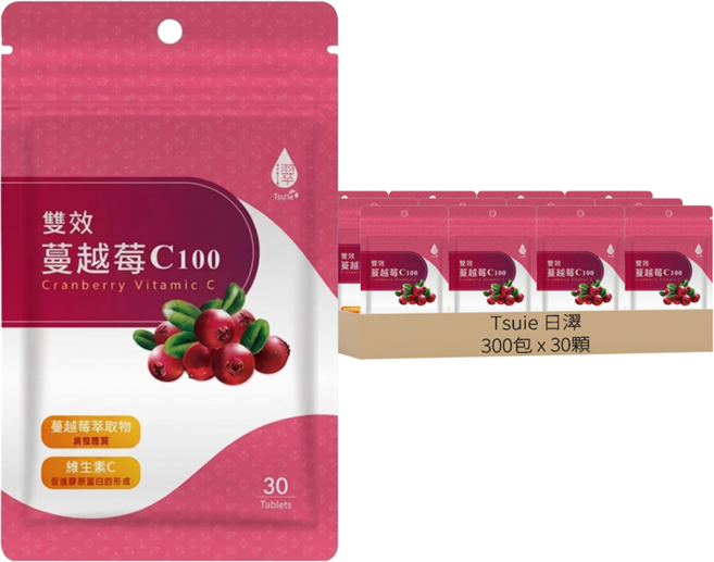 Tsuie 日濢 雙效蔓越莓 C100, 30顆, 750mg, 300包
