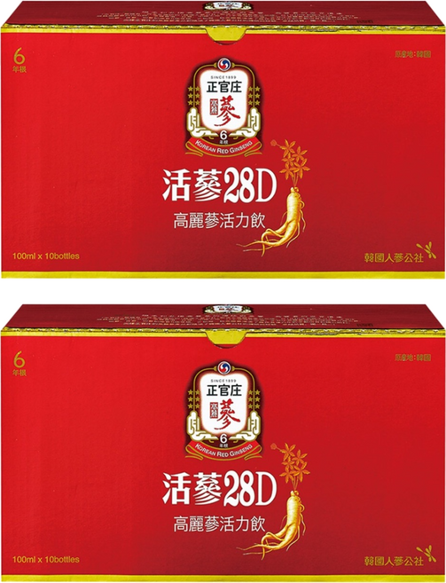 正官庄 活蔘28D 高麗蔘活力飲禮盒, 10瓶, 100ml, 2盒