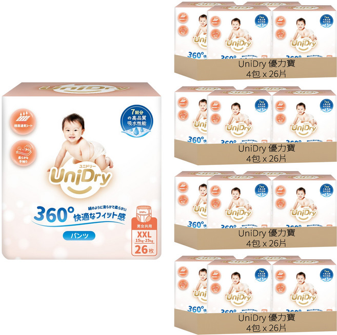 UniDry 優力寶 奢柔優選抱抱褲/褲型尿布 15~25kg, 416片, 2XL