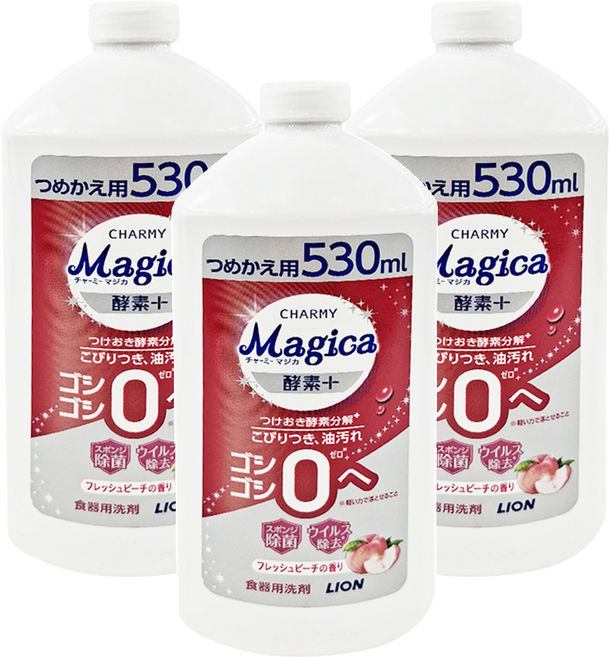 LION 獅王 CHARMY Magica 台灣公司貨 洗碗精 鮮桃, 530ml, 3瓶