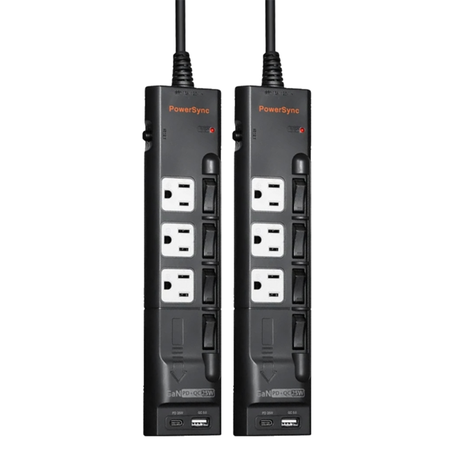 PowerSync 群加 GaN快充防雷擊延長線 4開3插 3孔 TS43Q018, 1.8m, 黑色, 2個