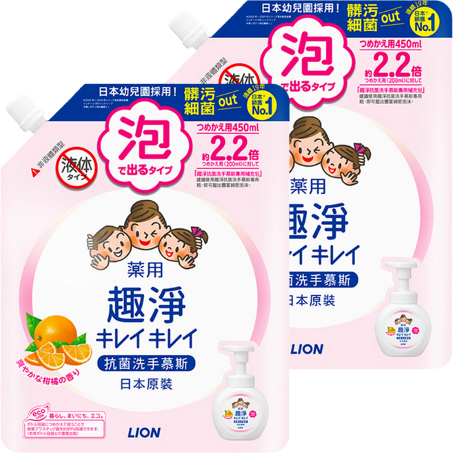 LION 獅王 趣淨 洗手慕斯補充包 清爽柑橘, 450ml, 2包